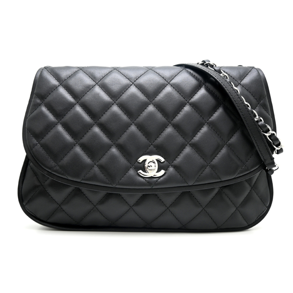 Chanel Chain Shoulder Bag, Silver Hardware, Women's Lambskin, Black